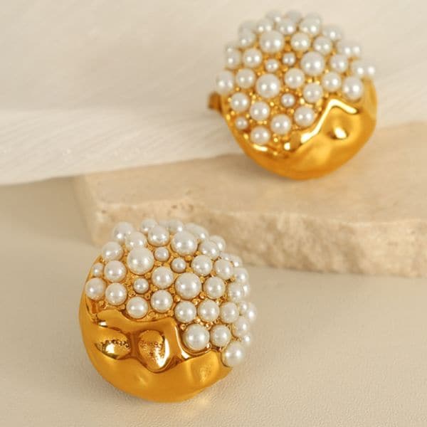 1 pair luxurious series retro geometric stainless steel 18k gold color plated rhinestone artificial pearl women's stud earrings